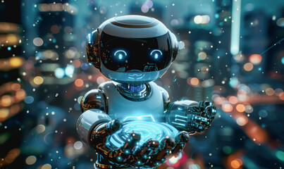 Poster - Robot above hand, digital interface, AI chatbot, futuristic tech, blue hologram, dark background