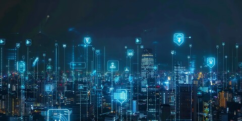 Wall Mural - A cityscape at night with glowing social media icons connected to each other, symbolizing the impact and influence on society through technology and online communication.