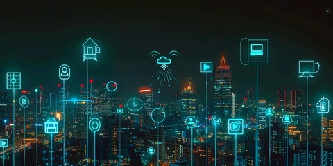 Wall Mural - A cityscape at night with glowing social media icons connected to each other, symbolizing the impact and influence on society through technology and online communication.