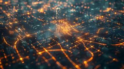 Poster - A digital cityscape with glowing pathways and nodes illustrating the intricate layout and connections of a futuristic network architecture, pulsing with data flows