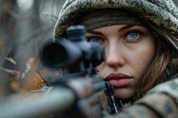 Hunter male female shooting from rifle gun in woods safari hunting season, Generative AI