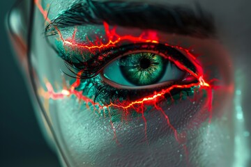 Wall Mural - Close up of eye with red accents intense and dramatic expression digital fantasy art captivating and detailed design imaginative and bold