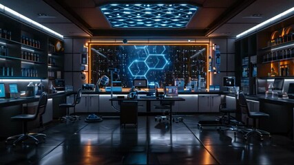 Poster - a futuristic lab setting featuring high-tech equipment, computers, and a large screen displaying a h