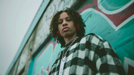 Wall Mural - A young man with dreadlocks stands in front of a graffiti wall