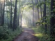 © Muhawaii - Serenity, quiet forest path, morning mist, dappled sunlight, serene walk, natures embrace