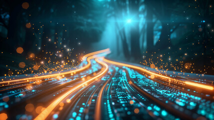 Poster - Abstract digital road or track made of glowing lines and dots with blue glow on dark background, illustrating data transfer day. Concept of digital technology with bokeh effect, showcasing futuristic 