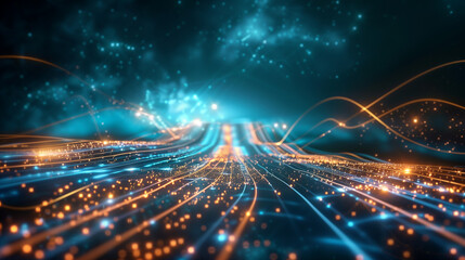 Aufkleber - Abstract digital road or track made of glowing lines and dots with blue glow on dark background, illustrating data transfer day. Concept of digital technology with bokeh effect, showcasing futuristic 