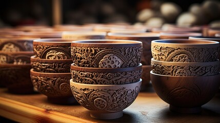 Wall Mural - Hand-carved wooden bowls with intricate patterns, close-up view.  