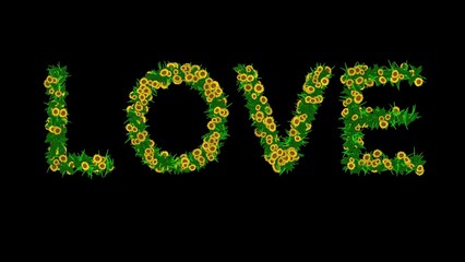 Wall Mural - Beautiful illustration of Love text with green leaves and yellow daisy flowers on plain black background