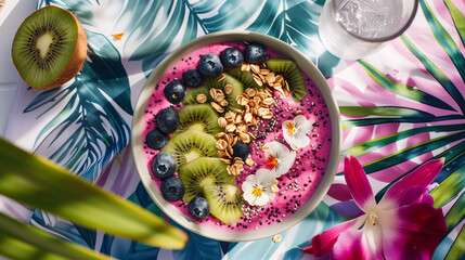 a vibrant pitaya (dragon fruit) smoothie bowl, topped with kiwi slices, blueberries, and granola, set on a tropical-themed tablecloth with a glass of coconut water and a tropical flower for decoration