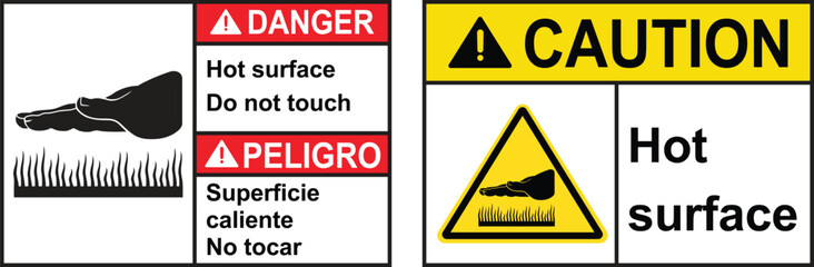 Danger hot surface sign with symbol. Caution hot surface do not touch yellow label. Safety Sign Marking Label Symbol Pictogram Standards Danger Hot surface contact may cause burn do not touch.