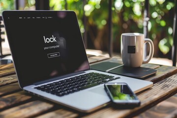 A laptop with a black screen displaying the message lock your computer is sitting on a wooden table. A white mug and a smartphone are also present, suggesting a break from work.