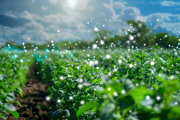 a field of green plants under a cloudy blue sky