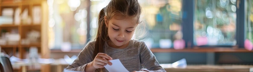 A student counting paper votes at a classroom desk, warm colors, watercolor, focused and meticulous