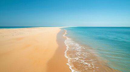 Poster - A serene beach with golden sand and clear blue water under a bright sky, evoking a sense of peace and relaxation.