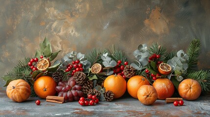 Wall Mural - Christmas Still Life with Oranges and Pine Branches