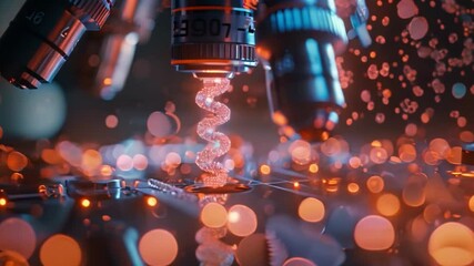 Poster - Close-up AI microscopes focus on spiral structure, illuminated in warm hues for scientific discovery.