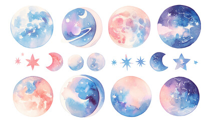 Poster - Watercolor galaxy planets with stars and constellations, blue, purple, pink, gold, transparent background png for social media, branding, design
