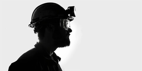 dark silhouette of unrecognizable miner on a white background