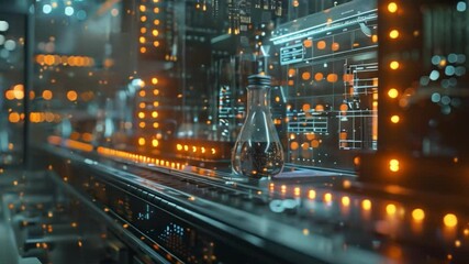 Poster - A close-up of a futuristic laboratory setting with a glass beaker on a conveyor belt, surrounded by glowing lights and digital interfaces.