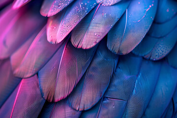 Wall Mural - close up of beautiful purple and blue feather texture background, macro photography, copy space conc