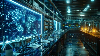 Poster - A modern laboratory with a digital display showing a map and various glassware on a table.