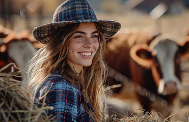 Wall Mural - portrait of happy woman farmer with hay bale and cows in the background