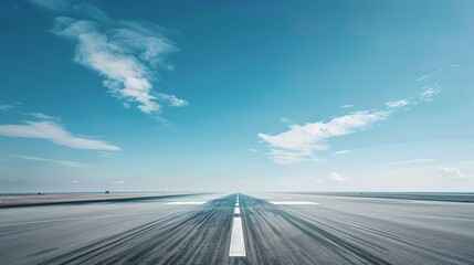 A long and straight runway stretches to the horizon under a bright blue sky with fluffy clouds.