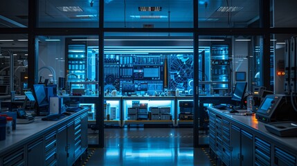 Poster - An empty high-tech laboratory lit by blue light at night. The lab is equipped with computers, equipment, and other devices.