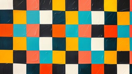 Poster - A colorful checkerboard pattern with painted squares of blue, yellow, pink, red and black.