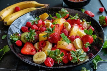 Wall Mural - Exotic Fruit Salad Detox: Healthy Food with Asian Flavors including Strawberry, Banana, Berry, and Cactus