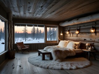 Wall Mural - Scandinavian winter cabin with reindeer hides, generative AI