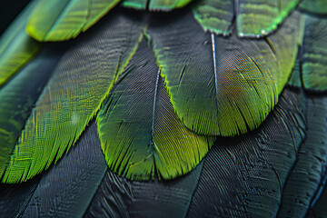 Wall Mural - A close up of the texture and pattern on an exotic bird feather, with green feathers on one side and black lines in between. The background is dark gray to accentuate these features.