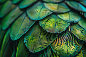 Wall Mural - a close up of the texture and pattern on an exotic bird feather, highlighting its green hues and bla