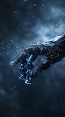 Poster - Close-up of a robotic hand with intricate details and digital connections. Ideal for showcasing advanced robotics, AI technology, and innovation.