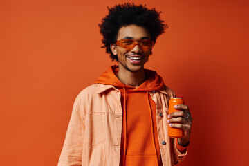 Trendy African American man in orange hoodie holding an orange juice can on vibrant orange background.