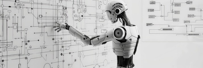 Poster - Side view of a humanoid robot interacting with a digital interface. Represents human-robot interaction and AI integration.