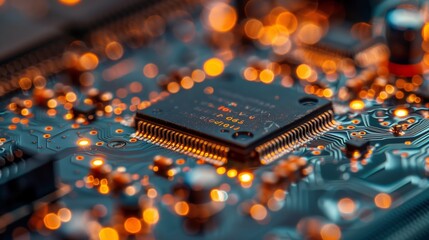 Poster - A close-up image of a microchip on a circuit board, showcasing the intricate details of its design and the impact of nanotechnology on electronics.