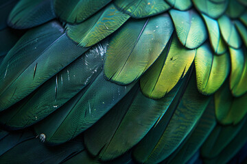 Wall Mural - a close up of the texture and pattern on an exotic bird feather, highlighting its green hues and bla