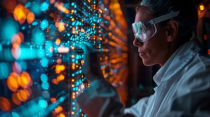 Poster - A scientist in a laboratory setting trains an AI model using a complex system of lights and data.