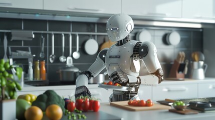 Poster - Futuristic robot cooking with fresh vegetables in high-tech kitchen. Advanced AI and robotics in home culinary tasks.