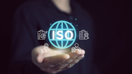 ISO standards quality control, assurance and warranty business technology concept. Quality management improvement. Standardization, certification concept. Compliance to regulations and standards.