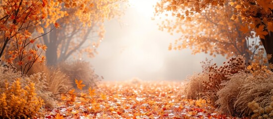 Wall Mural - autumnal forest with hay bales and a carpet of fallen leaves, bathed in the soft glow of morning light.