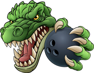 Poster - A crocodile, dinosaur or alligator lizard sports mascot holding a bowling ball