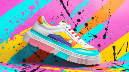 Creative colorful print sneakers on colorful background. Fashion shoes concept.