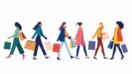 Vector illustration of females shopping over white background