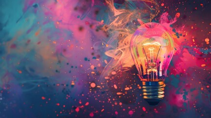 Aufkleber - Light bulb with colorful splashes against a smoky background. Representing creativity and dynamic ideas.