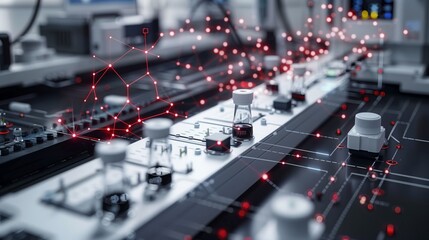Poster - a close-up image depicting a detailed diagram of an automated manufacturing system, showcasing its i