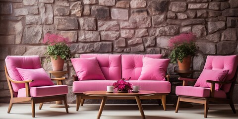 Wall Mural - Pink sofa couch at brick loft wall background decoration. Living room scene architecture