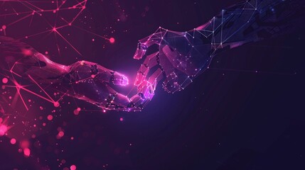 Aufkleber - Digital hands reaching out to each other with pink and purple light effects on a dark background. AI connection and futuristic interaction.
